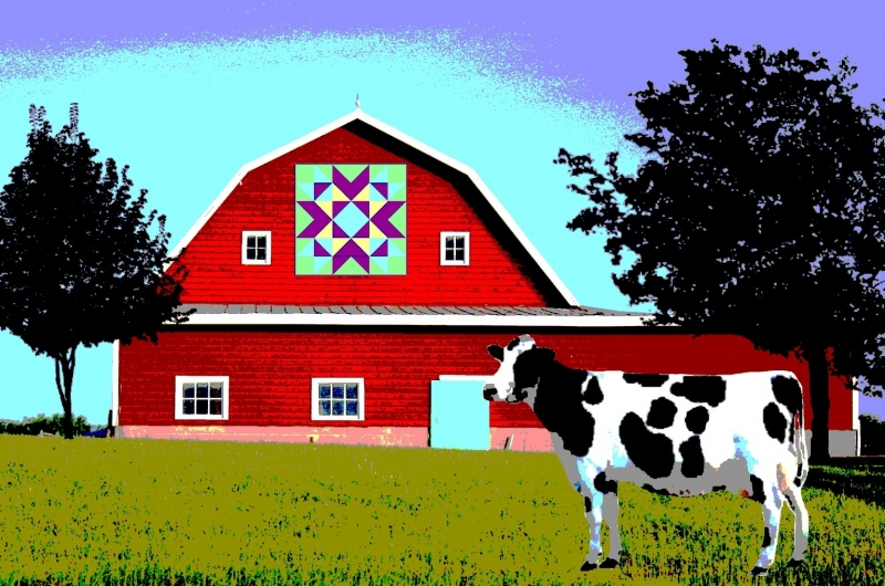Cow in front of a red barn.