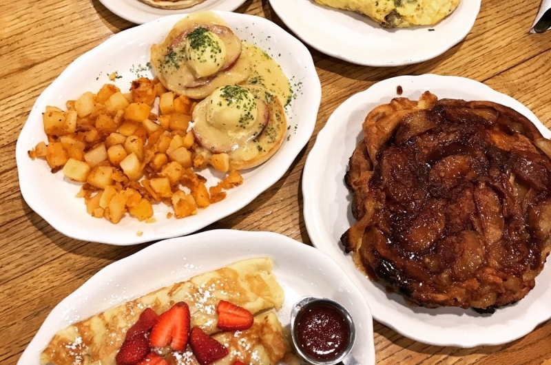 Variety of items from Original Pancake House including strawberry crepes, eggs benedict, and apple pancakes.