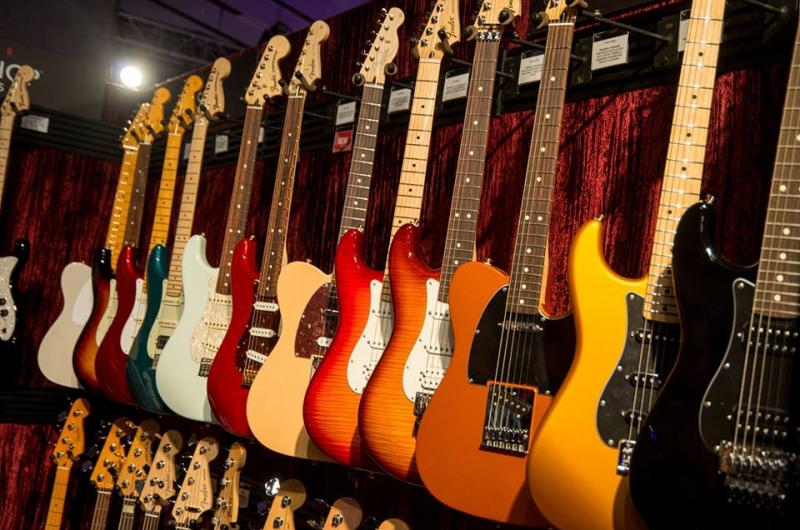 Wall of guitars at Corson Music.