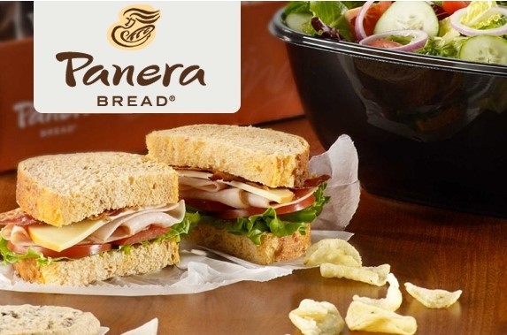 Sandwich, salad, and chips from Panera Bread.
