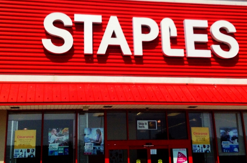 Exterior of Staples, an office supply store.