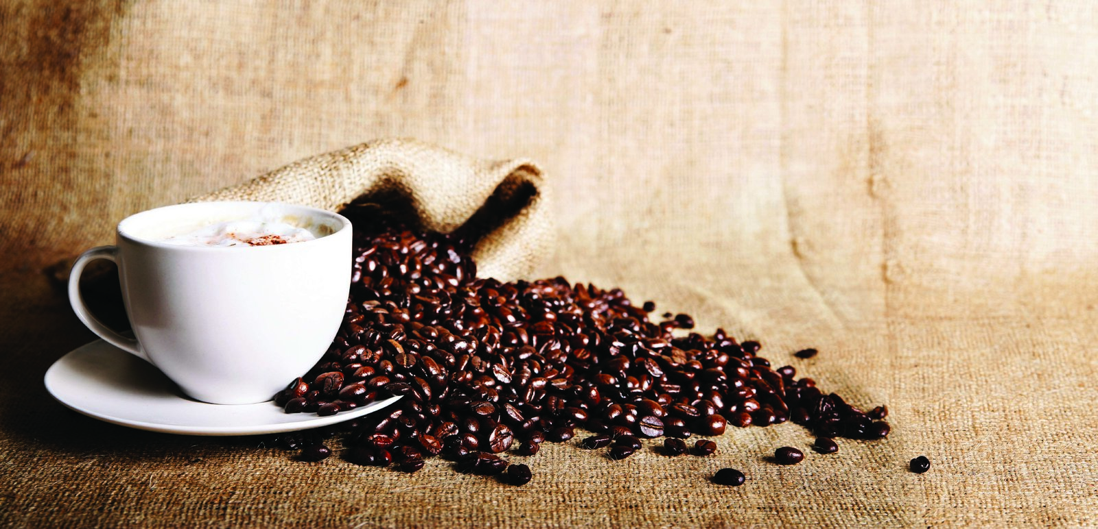 coffee beans and a cup of coffee.