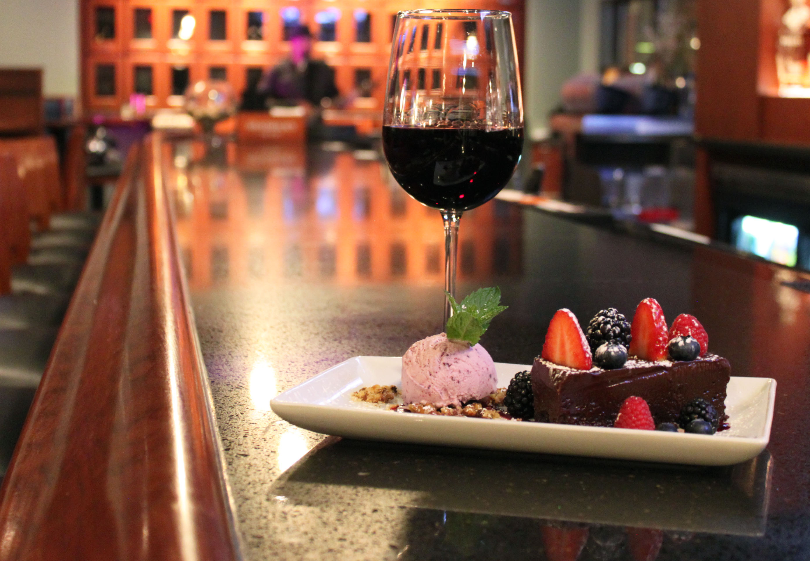 Chocolate cake and wine from Baxter's American Grille.