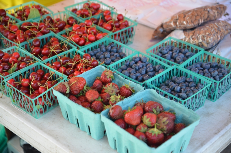 Fruits from Urbana's Market at the Square. Including strawberries, blueberries, and cherries.