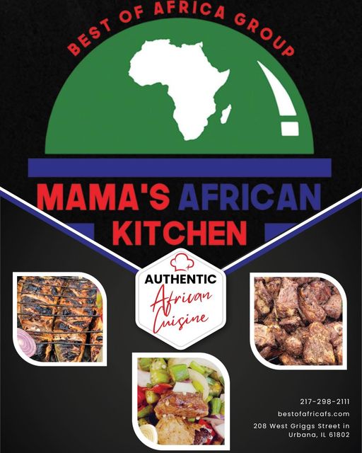 Flyer/poster for Mama\'s African Kitchen featuring different dishes.
