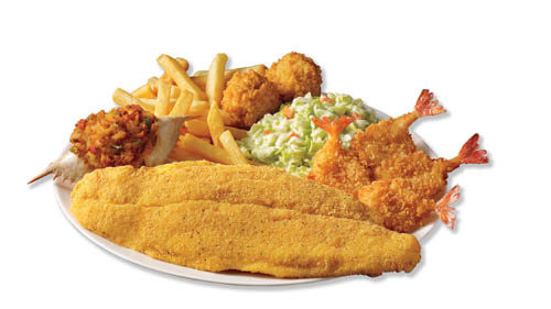 Food from Captain D\'s including shrimp, hushpuppies, coleslaw, and fish.