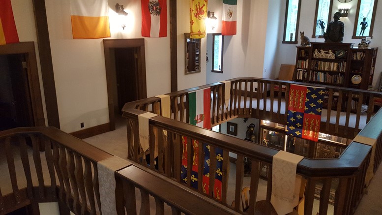 wooden balcony with global flags