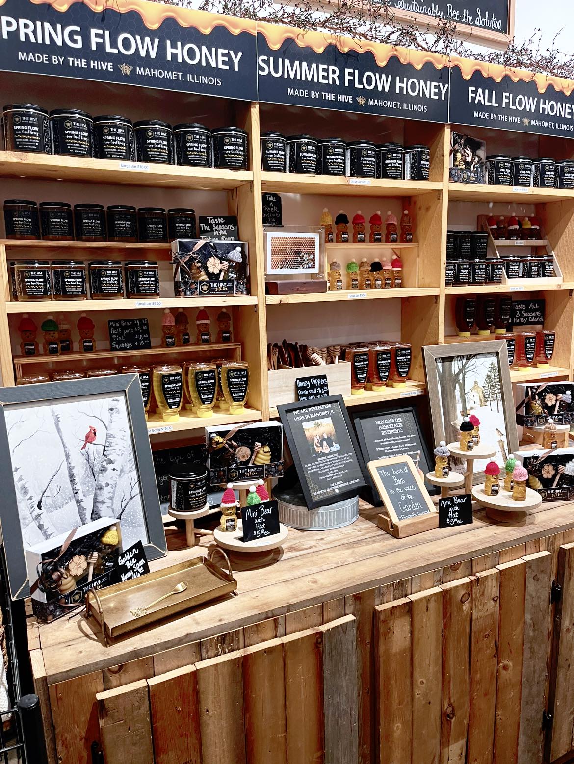 Wooden display of honey products