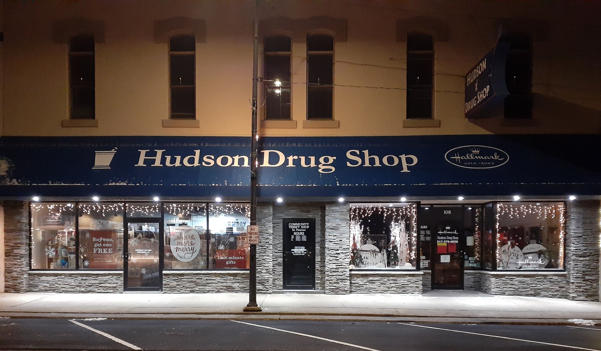 Exterior of Hudson Drug and Hallmark Shop in Paxton.