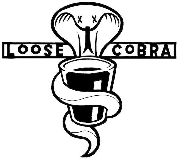 Logo for the Loose Cobra - a cobra snake holding a drink.