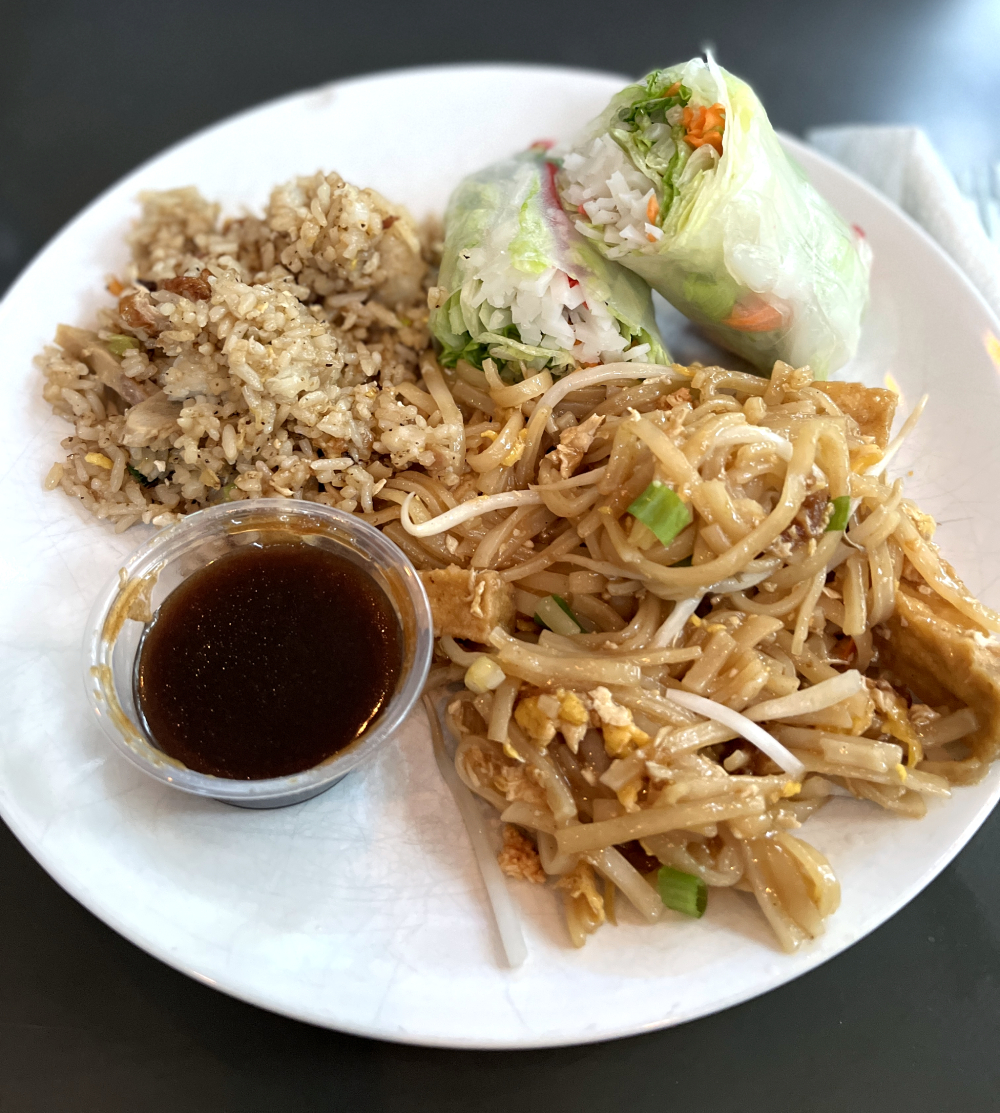 Duck fried rice, Thai spring roll, and pad Thai.