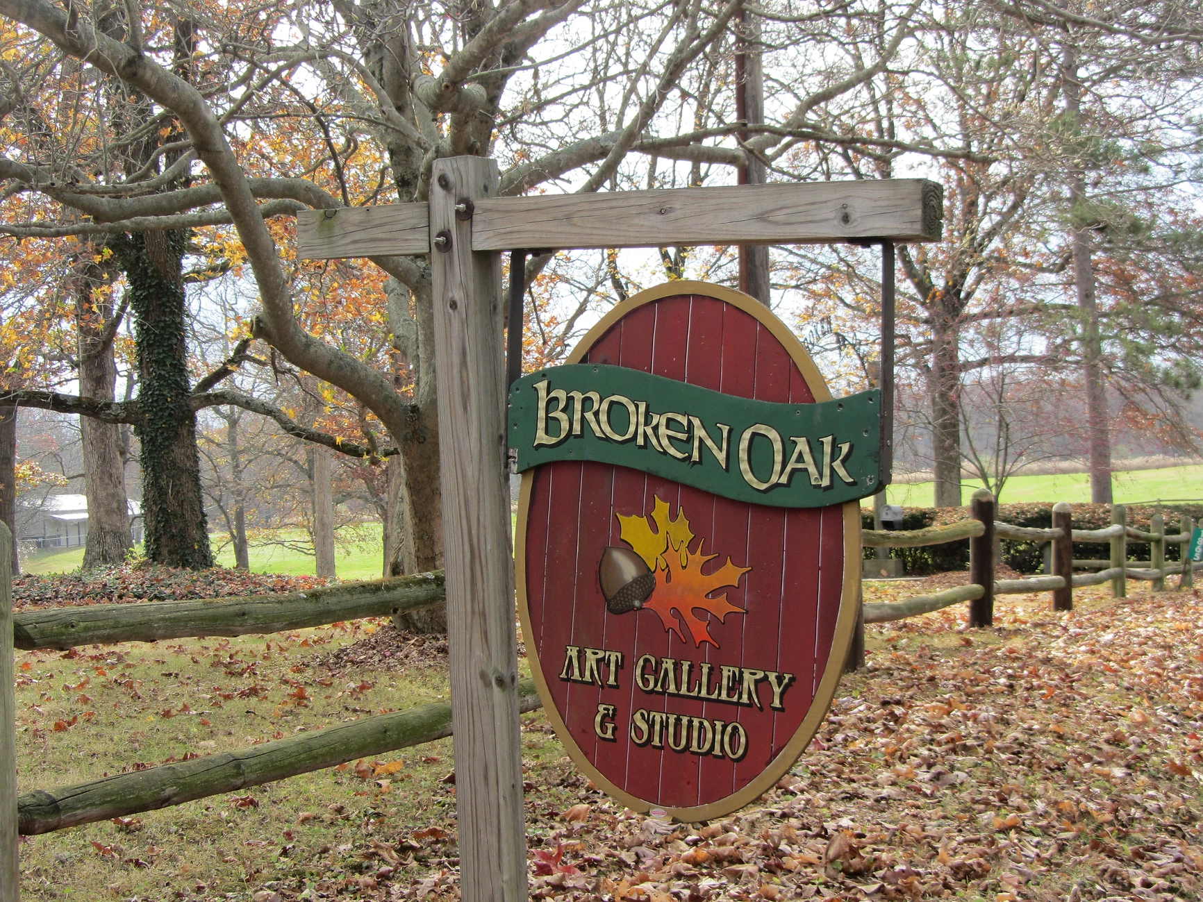 Sign for Broken Oak Gallery in White Heath.
