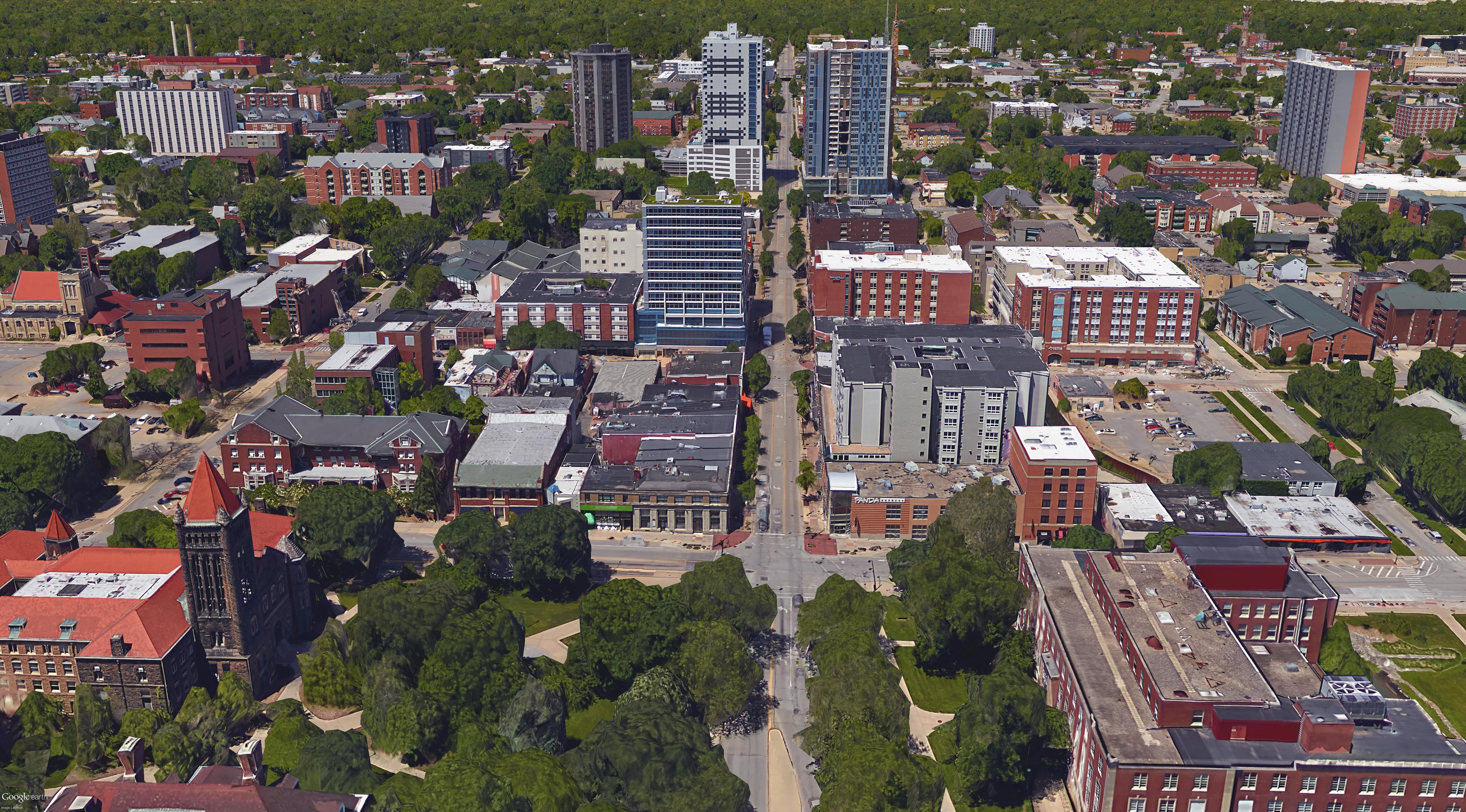 overhead view of campus buildings with intersecting roads