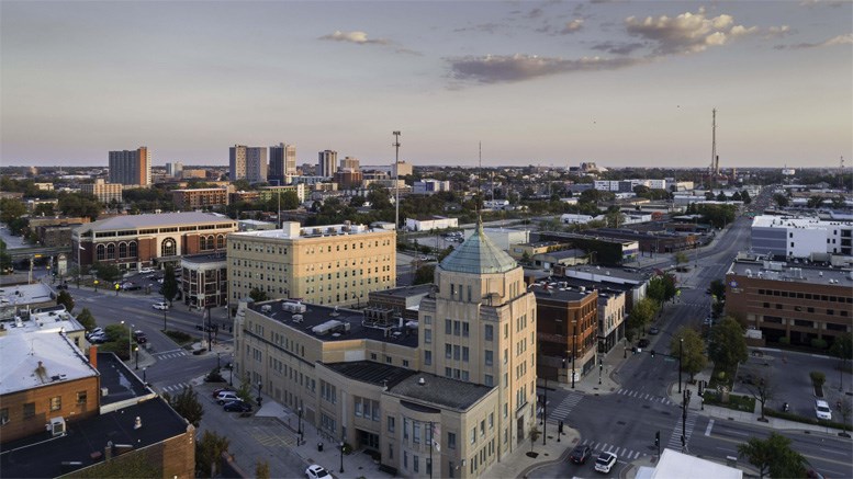 overhead view of downtown Champaign building skyline