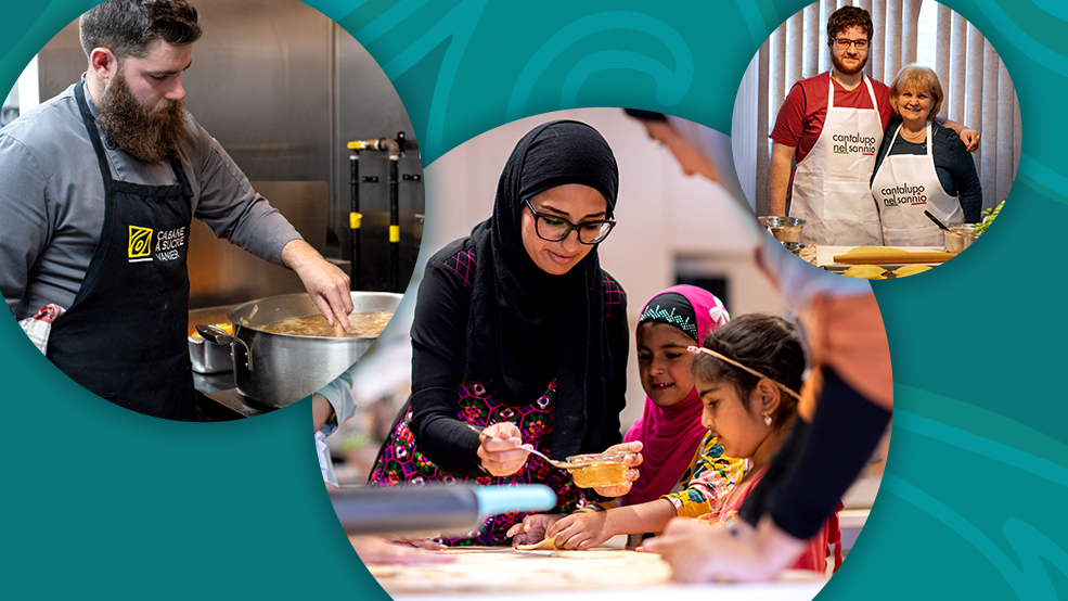 A colorful collage of people engaged in food preparation in a kitchen.