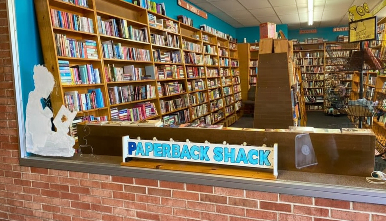 The Paperback Shack | Used Bookstore in Niles, Ohio View through the storefront window of The Paperback Shack, a used bookstore in Niles, Trumbull County, Ohio—wood shelves packed with paperbacks and a blue shop sign in the foreground.