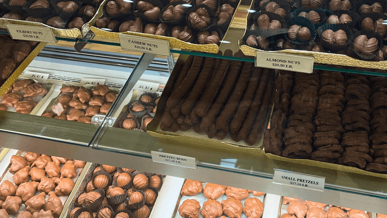 Close-up of Daffin’s Candies display case in Niles, Ohio, showing chocolate-covered pretzel rods, small pretzels, and nut clusters with price labels.