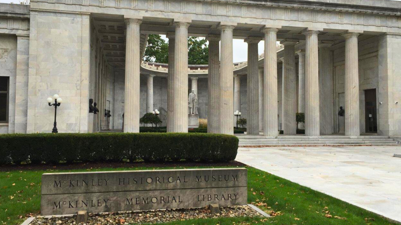 McKinley Memorial Library & Museum | Niles, Ohio Landmark Exterior view of McKinley Memorial Library and Historical Museum in Niles, Ohio, showcasing neoclassical columns and marble architecture