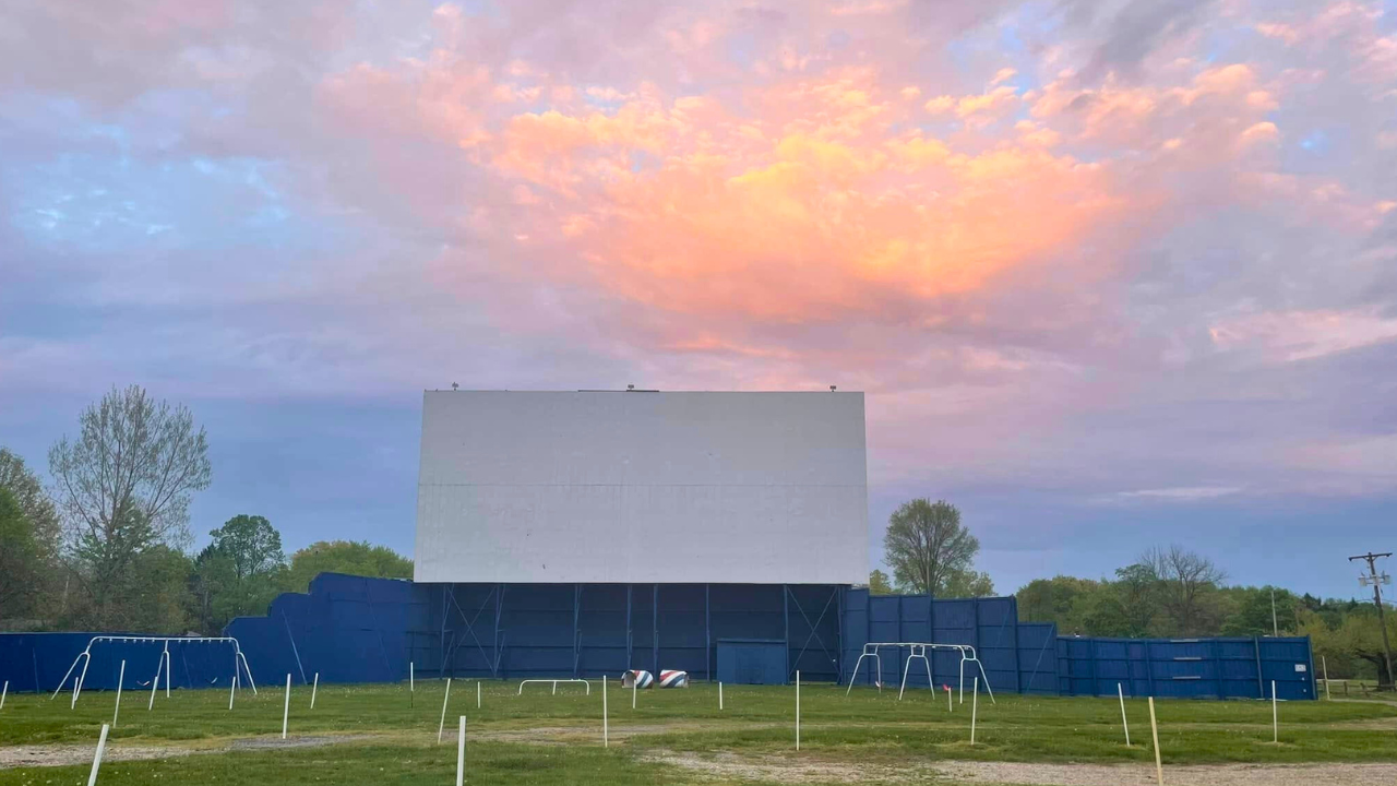 skyway-drive-in-movie-theater-trumbull-county-ohio Skyway Drive-In Theater in Trumbull County, Ohio, featuring a classic outdoor movie screen with open grassy parking and a scenic sunset sky